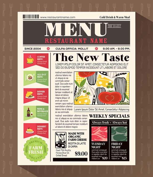 Restaurant Menu Design Template in Newspaper style
